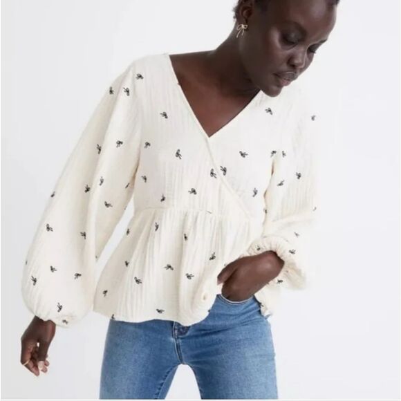 Madewell Lightspun Cotton Bow Blouse in Cream with Balloon Sleeves Size S - Picture 1 of 15
